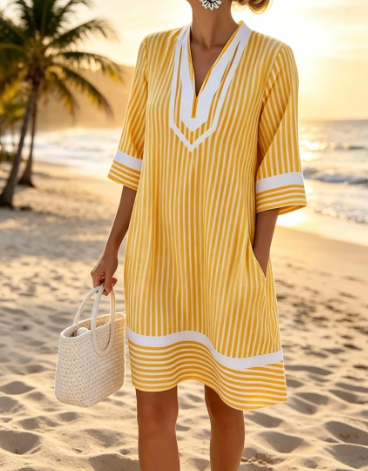 Coastal Striped V-Neck Resort Dress - Image 4