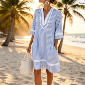 Coastal Striped V-Neck Resort Dress