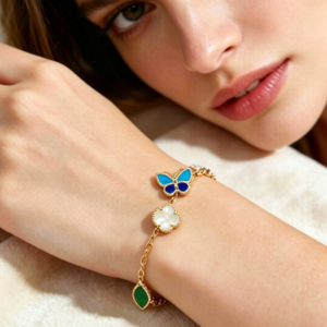 "Blue Butterfly Garden" Lucky Bracelet - Genuine S925 Silver with Natural Gemstones (Lapis Lazuli, Malachite, MOP), Irregular Floral Design