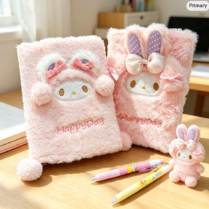 Kawaii Pink Bunny Plush Notebook, Fluffy Sheep Girl's Diary, Japanese Stationery, Cartoon Fuzzy Journal