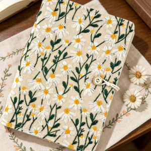 Handmade Daisy Embroidery Fabric Journal - Refillable A5 A6 Linen Notebook - Floral Planner & Diary Gift