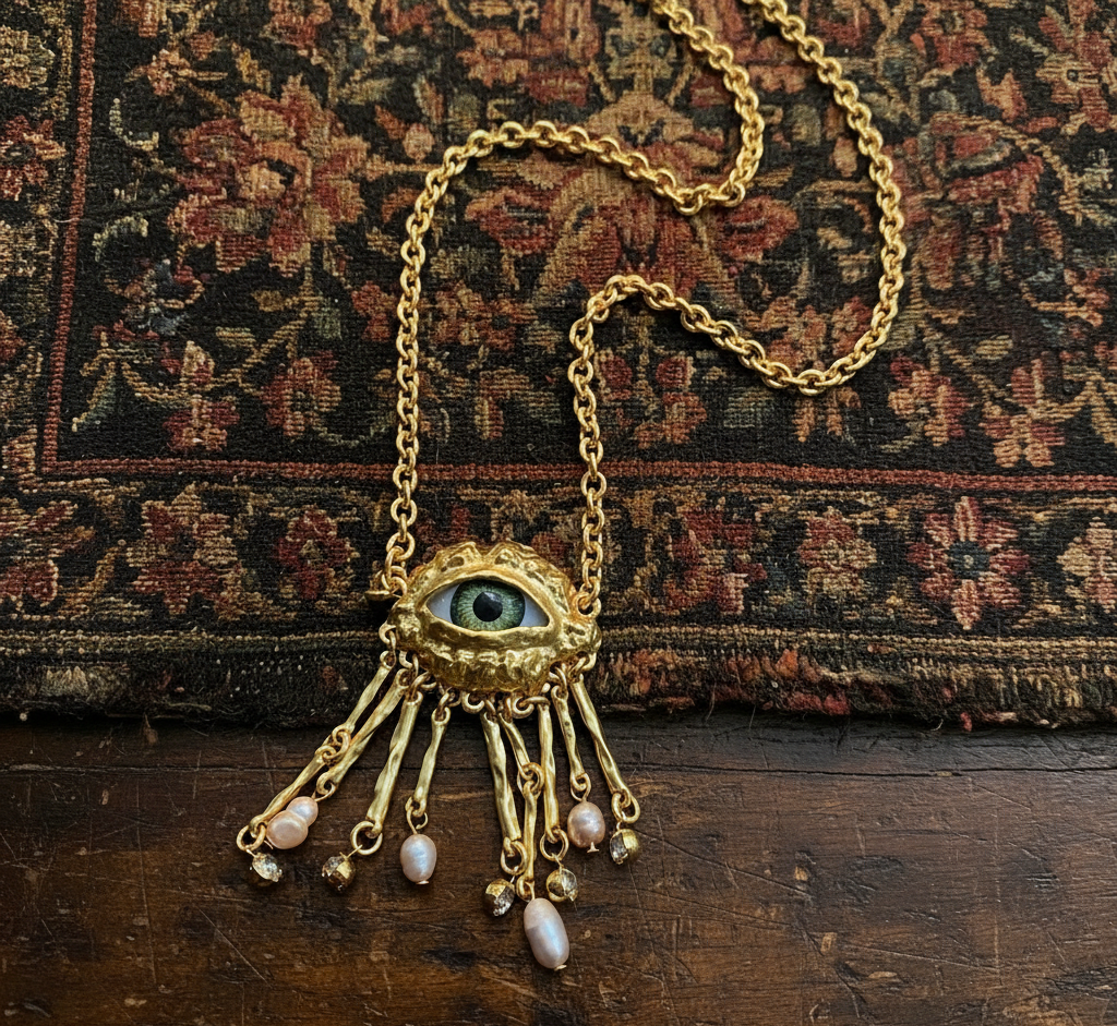 Vintage Style Gold Eye Brooch: Surreal Pearl Tassel Pin - Image 5