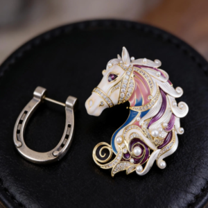 Elegant Enamel Horse Brooch ,18K Gold Plated Horse Head Pin ,Equestrian Statement Jewelry
