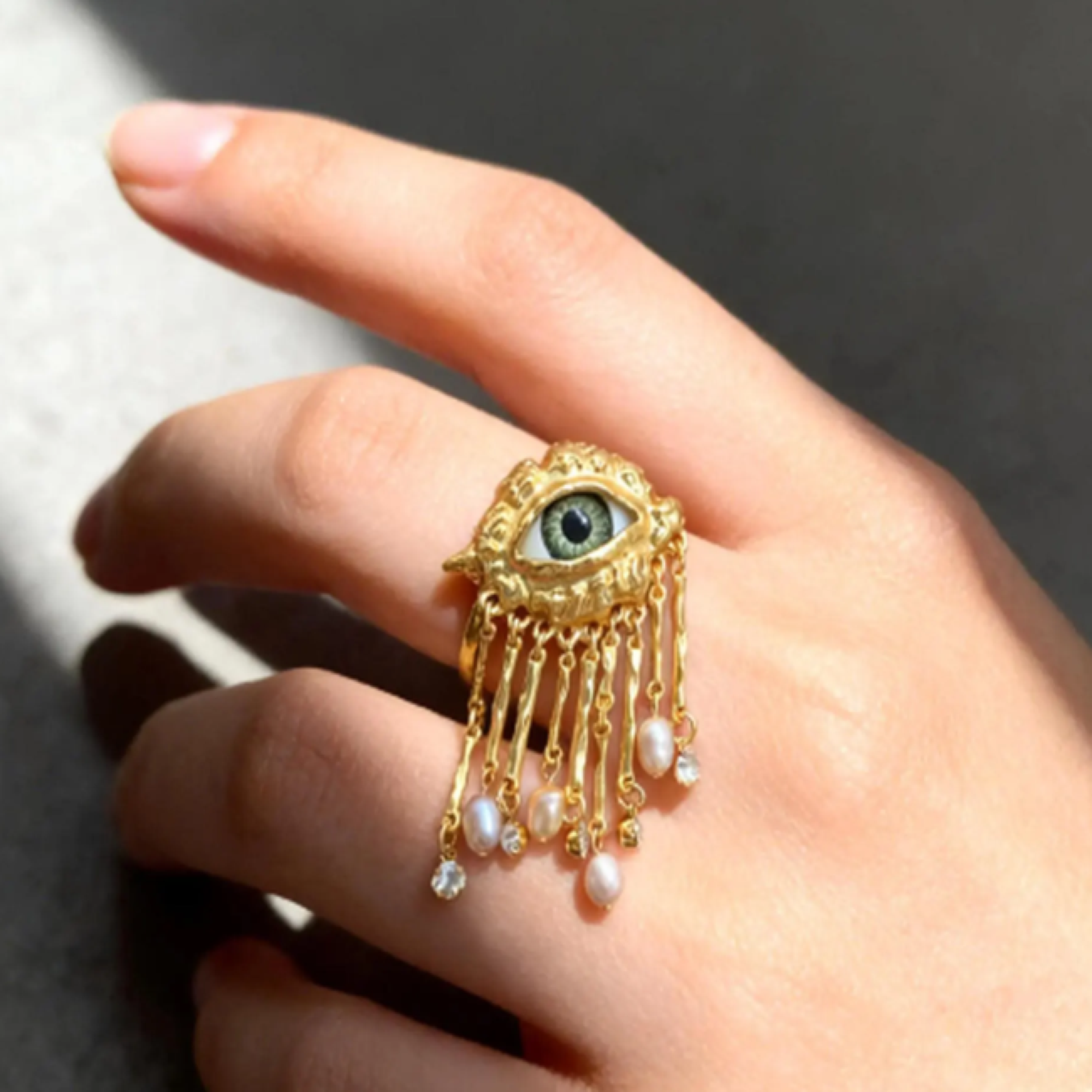 Vintage Style Gold Eye Brooch: Surreal Pearl Tassel Pin - Image 4