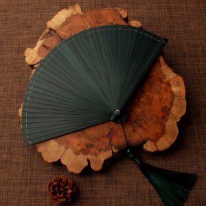 Premium Handmade Bamboo Folding Fan, Vintage Dark Green Handheld Fan with Elegant Tassel, Traditional Chinese Style Portable Fan for Wedding, Dancing, and Personal Cooling (7.5" Length)