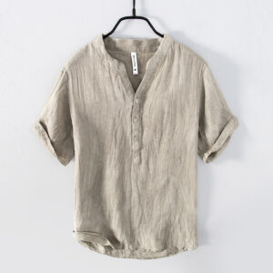 Men's Japanese Vintage Linen-Look Cotton Shirt, Short Sleeve Loose Fit Henley Pullover, Summer Casual Oversized Grandad Collar Shirt (S-5XL)