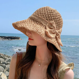 Packable Straw Hat , Large Brim Summer Sun-Hat, Foldable Beach Hat with Bow