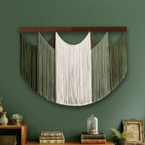 Large Handmade Macrame Wall Hanging (120cm x 85cm), Boho Woven Cotton Tapestry, Forest Green & Cream Wall Art for Living Room, Bedroom, and Home Decor