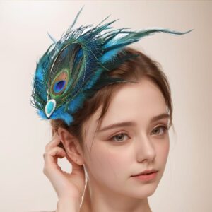 Bohemian Peacock Feather Hair Clip with Faux Gemstone, Exotic Ethnic Style Feather Barrette, Vintage Hair Accessory for Festivals, Weddings, and Parties (7.5" x 5.9")
