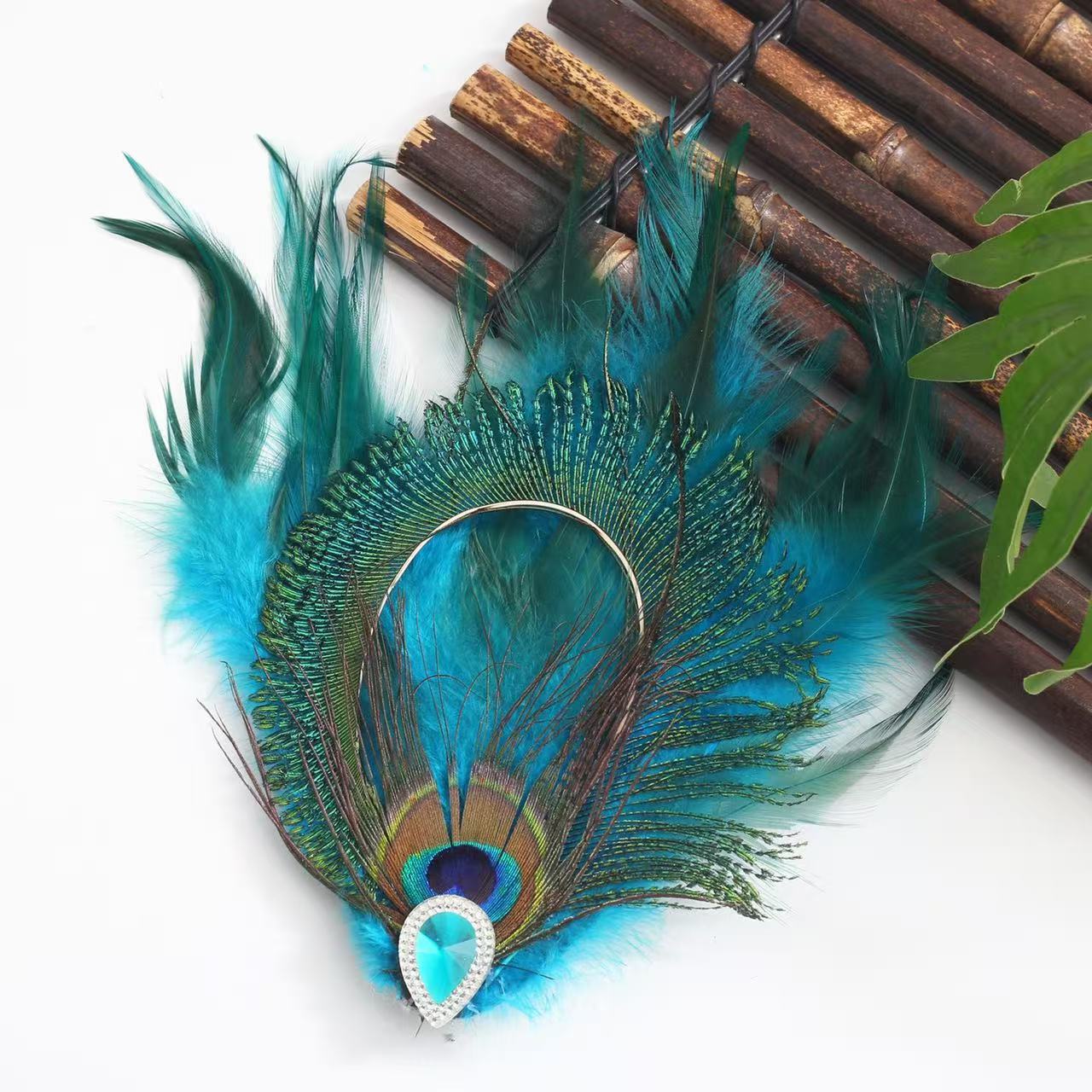 Bohemian Peacock Feather Hair Clip with Faux Gemstone, Exotic Ethnic Style Feather Barrette, Vintage Hair Accessory for Festivals, Weddings, and Parties (7.5" x 5.9") - Image 2