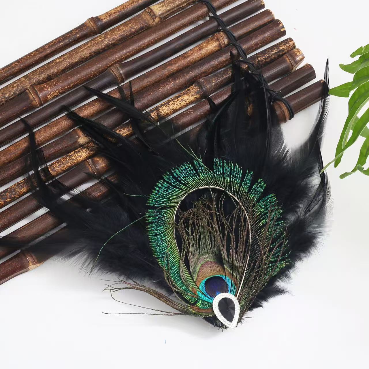 Bohemian Peacock Feather Hair Clip with Faux Gemstone, Exotic Ethnic Style Feather Barrette, Vintage Hair Accessory for Festivals, Weddings, and Parties (7.5" x 5.9") - Image 3