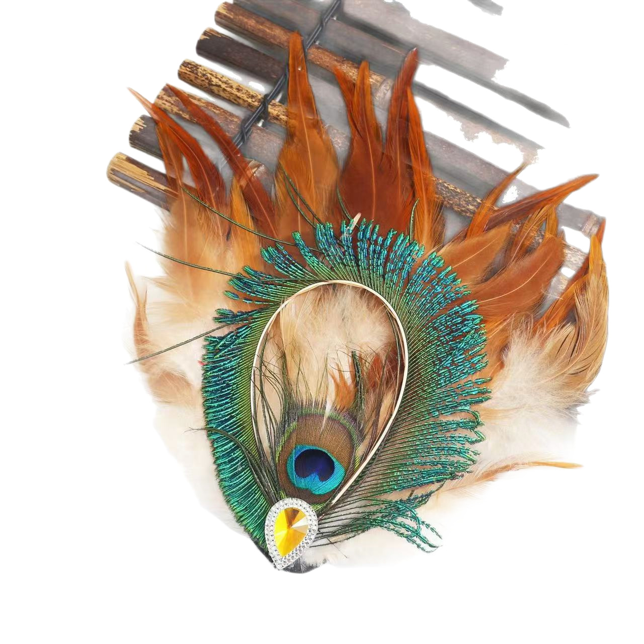 Bohemian Peacock Feather Hair Clip with Faux Gemstone, Exotic Ethnic Style Feather Barrette, Vintage Hair Accessory for Festivals, Weddings, and Parties (7.5" x 5.9") - Image 4