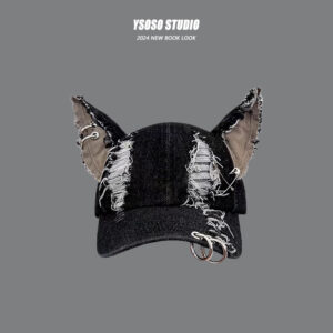 Y2K Cat Ear Distressed Denim Baseball Cap, Wasteland Grunge Hat with Metal Rings, Punk
