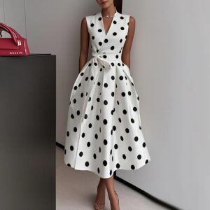 Vintage 1950s Polka Dot Midi Dress for Women, Elegant Sleeveless V-Neck Summer A-Line Dress, Retro Fit and Flare Rockabilly Party Dress with Bow Belt